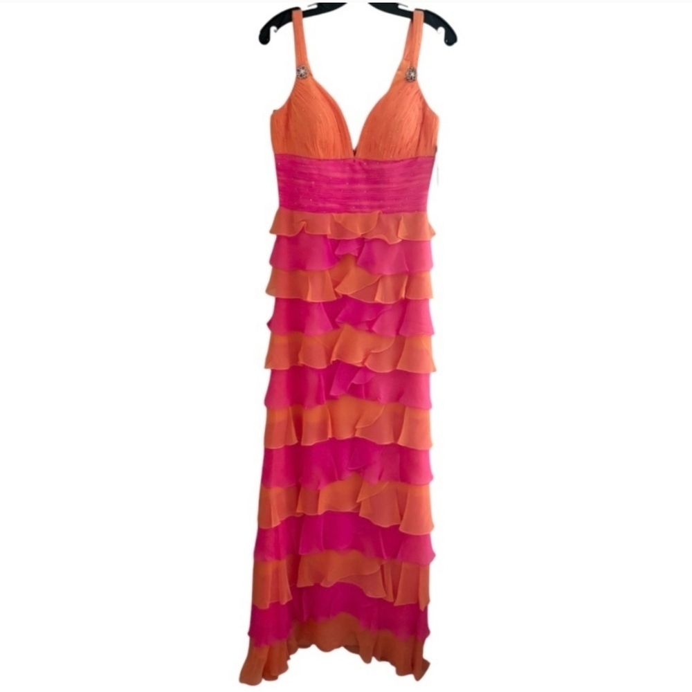 Hannah S Orange and Pink Ruffled Tiered Maxi Dress